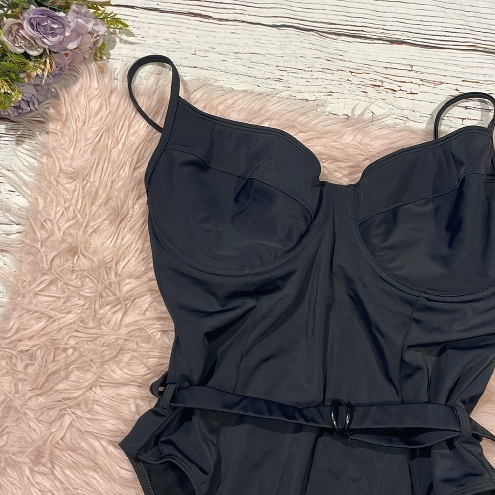 NWOT Perfect DD Black Shine Bustier Belted One Piece Swimsuit - Picture 5 of 9